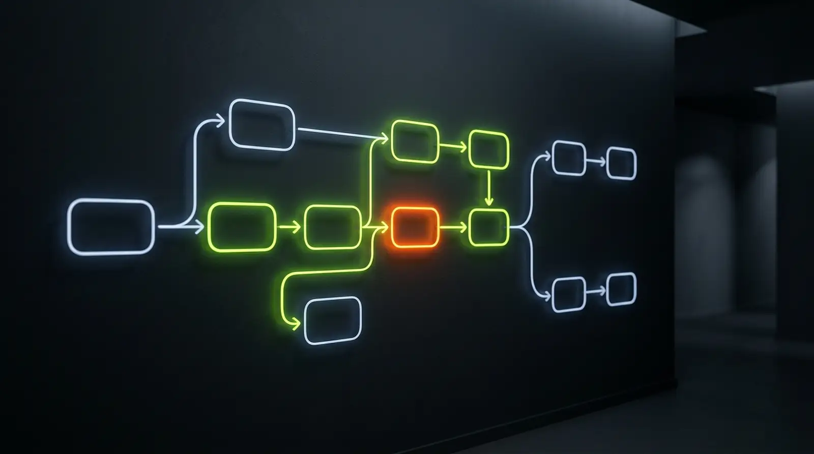 Illustrative render: a glowing process diagram on a dark wall